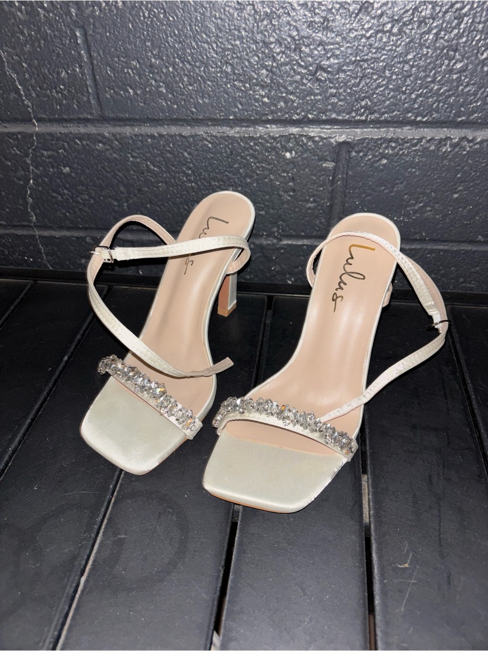 Lulu's Ivory Crystal Strap Heels with Ankle Strap Size 6